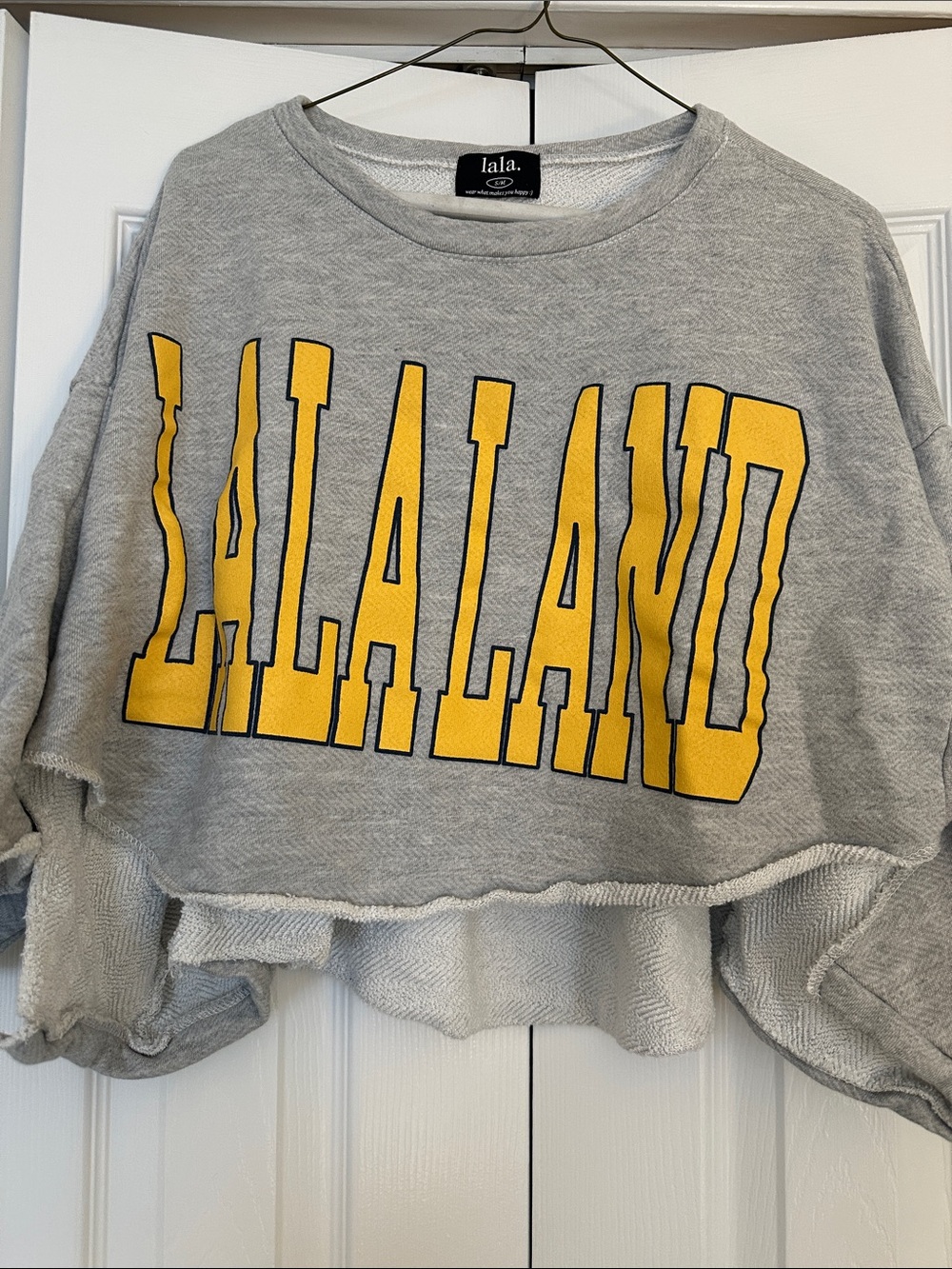 DRESSED IN LALA crop sweatshirt in gray with yellow LALALAND print